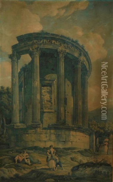 Temple De Cecilia Metella A Rome Et Temple De Vesta A Tivoli (pair) Oil Painting - Franz Kaisermann