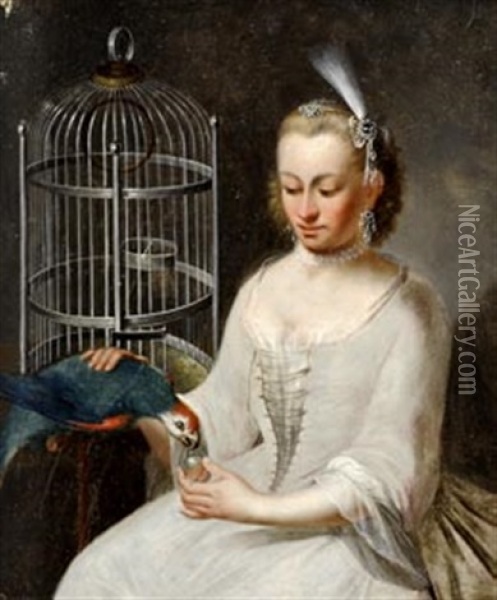 Elegante Dame Mit Papagei Und Vogelkafig Oil Painting - Johann Heinrich Tischbein the Younger