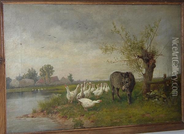 Donkey And Geese By A River Oil Painting - James Seymour Adams