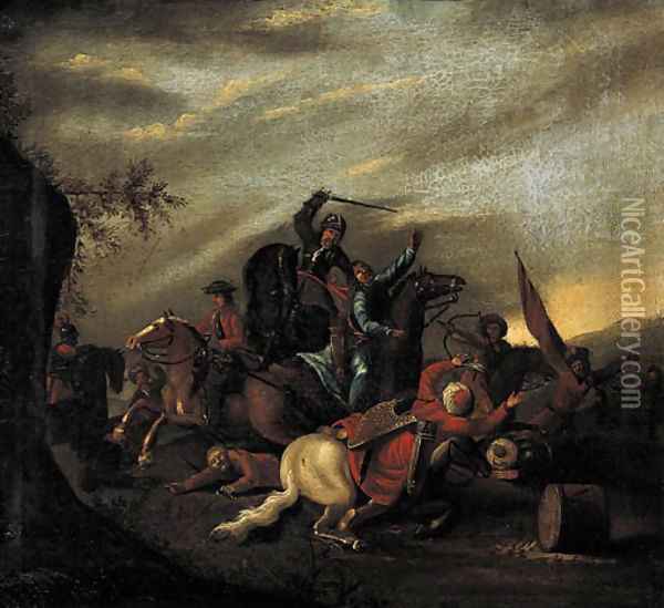 A cavalry battle between Turks and Christians Oil Painting - August Querfurt