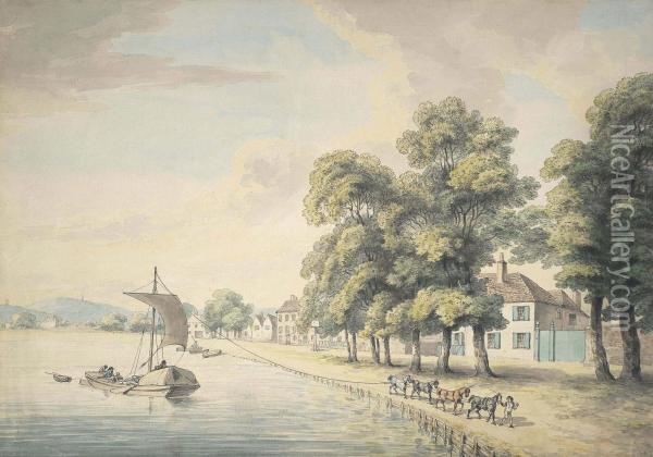 A Figure Leading Horses Pulling A Barge Along A River Oil Painting - Samuel Howitt