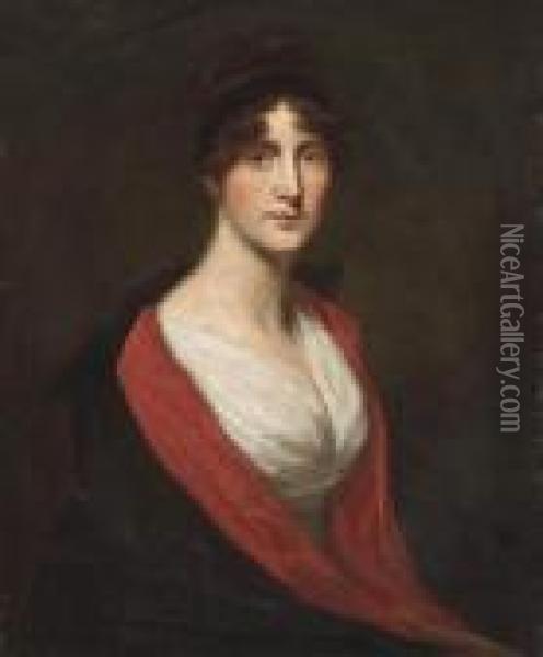 Portrait Of A Lady, 
Traditionally Identified As Hannah Penrice (1760-1829), Half-length, In A
 Black And Red Coat Oil Painting - George Romney