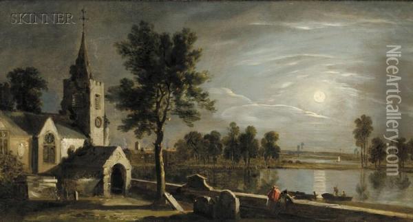 In The Churchyard By The River Under The Light Of The Moon Oil Painting - William Groombridge