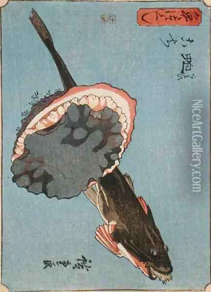 A Catfish with a Limpet from Small Fishes Series Oil Painting - Utagawa or Ando Hiroshige