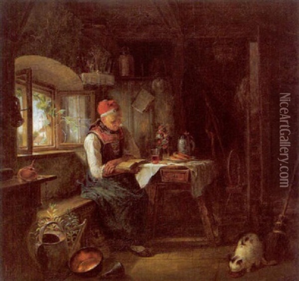 Lesende Bauerin In Der Stube Oil Painting - Karl Von Enhuber