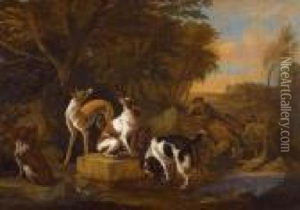 Hunter, Hunting Dog And Kill. Oil Painting - Adriaen de Gryef