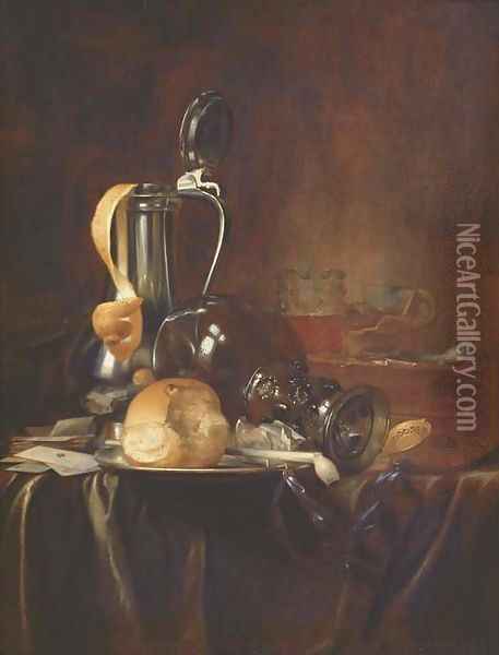 A pewter jug and cover with a peeled lemon Oil Painting - Simon Luttichuys
