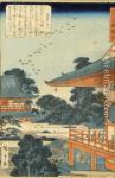 Temple A Kyoto Oil Painting - Utagawa or Ando Hiroshige