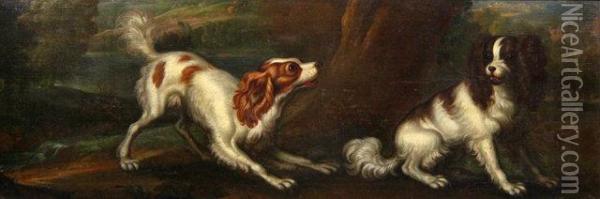 Playful Spaniels In A Landscape Oil Painting - Francis Barlow