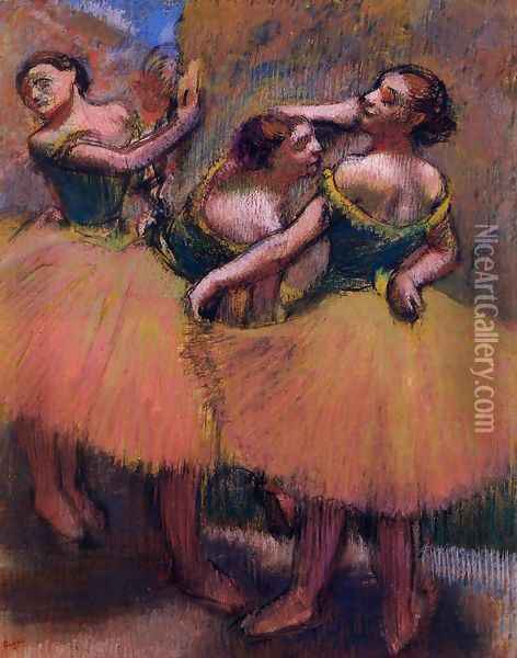 Three Dancers, Green Blouses Oil Painting - Edgar Degas
