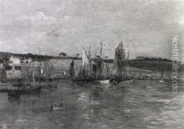 Fishing Boats Moored Along A Coast Oil Painting - Edmond Marie Petitjean
