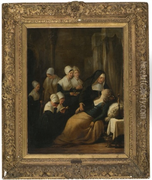 Una Monja Y Seis Novicias Asistiendo A Una Joven Oil Painting - Edouard Henri Theophile Pingret