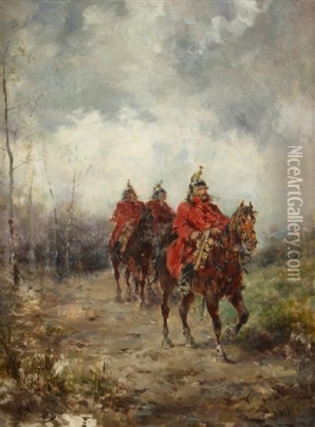 Mounted Cavalrymen Oil Painting - Louis Emile Benassit