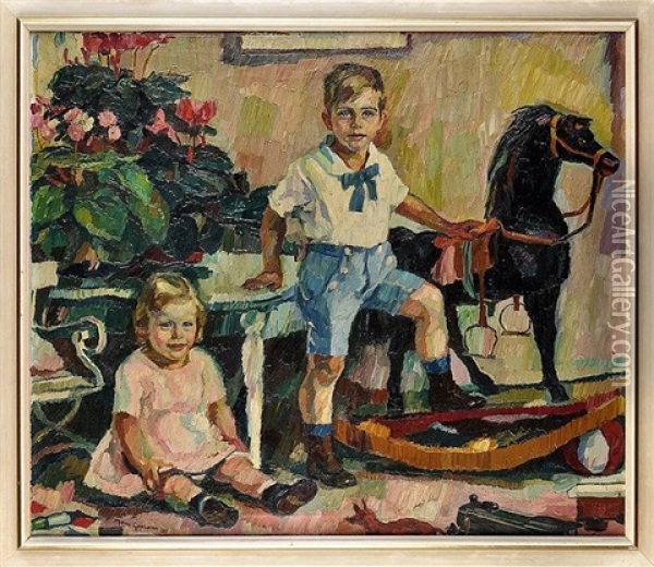 A Portrait Of Anne-marie Goldschmidt And Franz-ludwig Goldschmidt (aka Lutz) At Home In Aachen Oil Painting - Josse Goosens