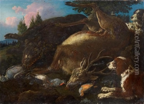 Jagdstuck Mit Erlegtem Rotwild, Wildschwein Und Singvogeln Oil Painting - Carl Borromaus Andreas Ruthart