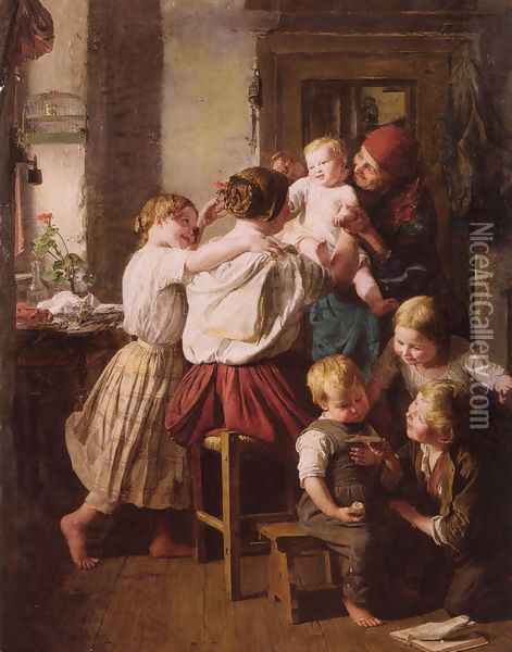 Children Making Their Grandmother a Present on Her Name Day Oil Painting - Ferdinand Georg Waldmuller