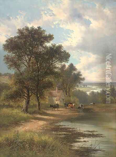 Cattle watering before a cottage; and A boy in a punt in an extensive landscape Oil Painting - Frederick George Dupont