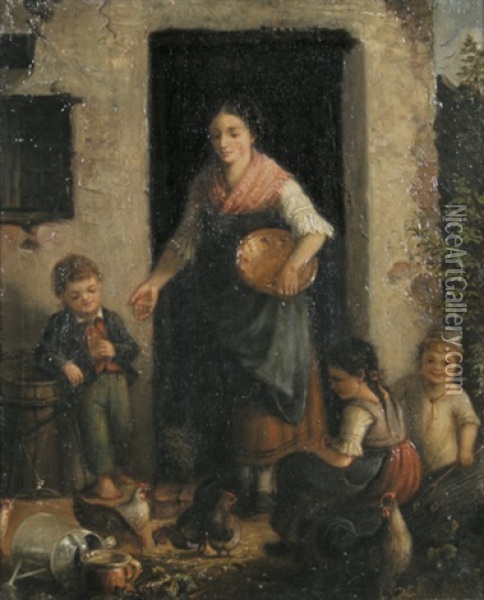 Huhner Futternde Mutter Mit Kindern Oil Painting - Ludwig Neustatter