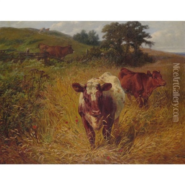 Cattle In A Cornfield Oil Painting - Charles Collins II