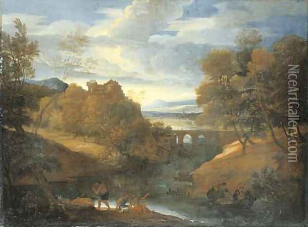 A classical river landscape with figures fishing Oil Painting - Giovanni Francesco Grimaldi