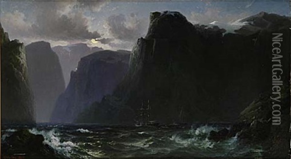 Dramatiskt Fjordlandskap Med Batar Oil Painting - Vilhelm Melbye