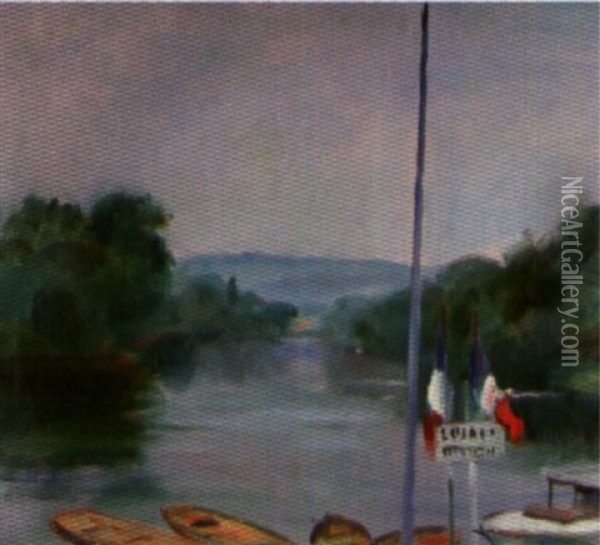 Bord De Seine,  Embarcadere Sur La Seine Oil Painting - Henri Ottmann