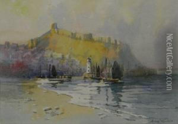 Scarborough Castle And Lighthouse Oil Painting - Harry Wanless