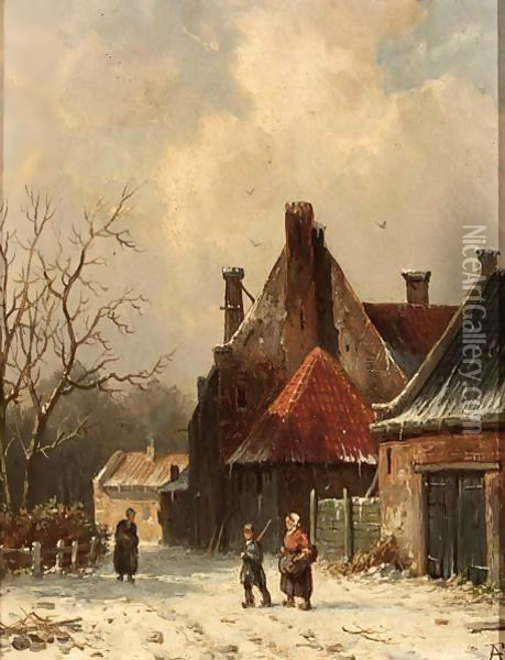 Villagers In The Snow Oil Painting - Adrianus Eversen