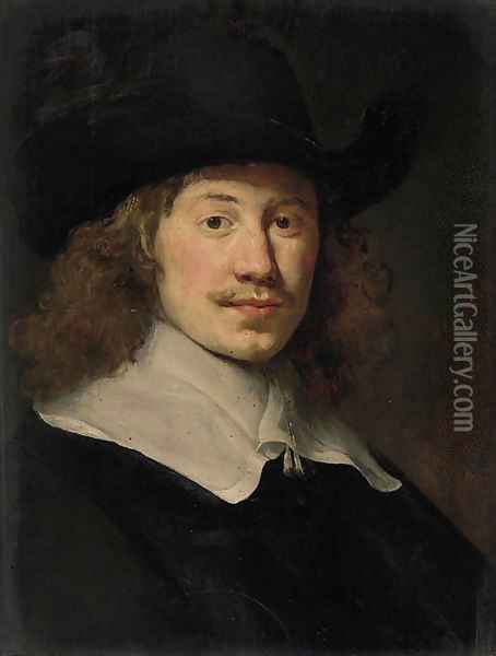 Portrait of a gentleman, bust-length, in black costume with a lace collar Oil Painting - Govert Teunisz. Flinck