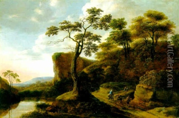 A Rocky Wooded Landscape With Travellers Oil Painting - Pieter Jansz van Asch