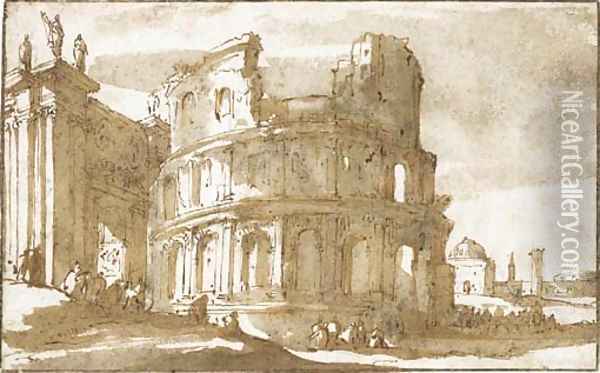 Figures by a ruined Roman building Oil Painting - Jan de Bisschop
