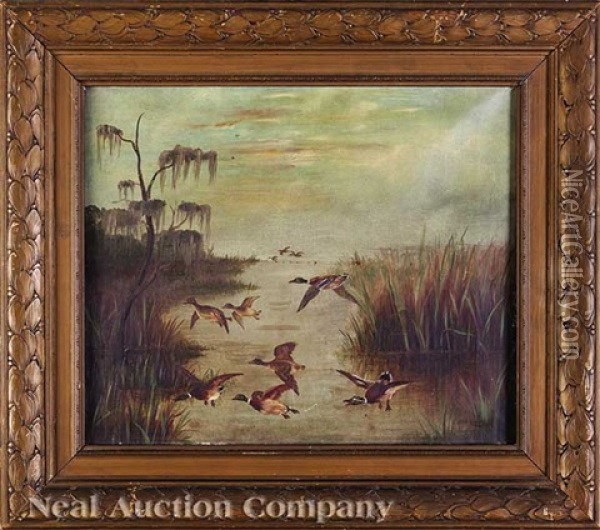 Mallard Ducks Flying Over The Louisiana Bayou Oil Painting - Hans Hirsch