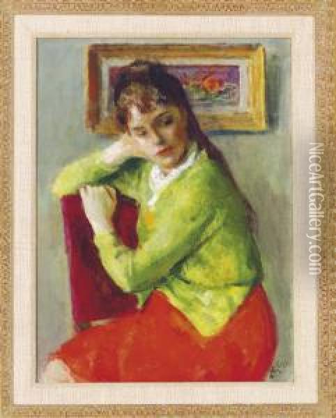 A Seated Girl In A Red Dress And Green Sweater Oil Painting - Robert Phillips