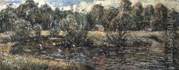 Duck Pond At Norfolk, Connecticut Oil Painting - Ernest Lawson