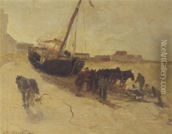 A Beach Scene With Horses And A Fishing Smack Oil Painting - Gerhard Arij Ludwig Morgenstjerne Munthe