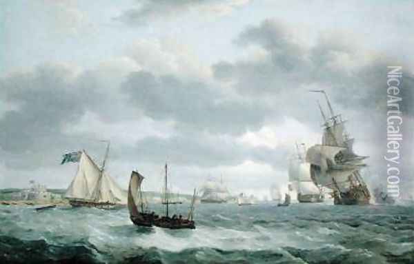 Men-of-War and other Ships in a Breeze off Dover 1803 Oil Painting - Thomas Luny