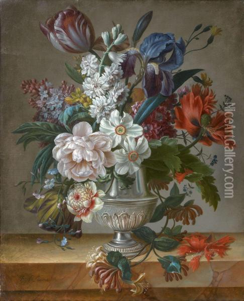 Nature-morte Au Bouquet De Fleurs Dans Un Vase En Argent Pose Sur Un Entablement Oil Painting - Francois Nicolas Laurent