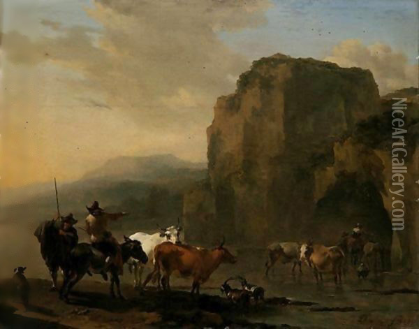 An Italianate Landscape With Herders, Cattle And Goats Fording A River Oil Painting - Nicolaes Berchem