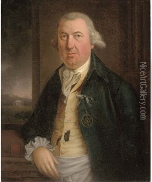 Portrait Of A Gentleman, Half-length, In A Dark Green Coat Wearing A Masonic Badge Oil Painting - Charles Willson Peale