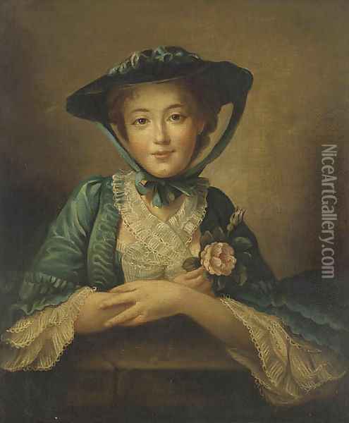 Portrait of a lady, bust-length, in a blue dress and hat holding a pink rose Oil Painting - English School