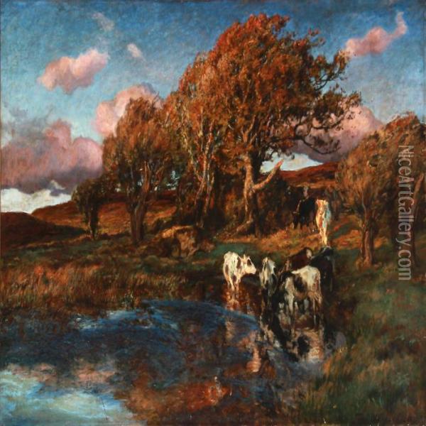 Cows At A Watering Place Oil Painting - Viggo Christian Frederick Pedersen
