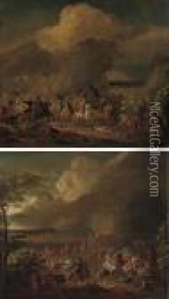 A Cavalry Charge; And A Cavalry Skirmish Oil Painting - Karel Van Breydel (Le Chevalier)