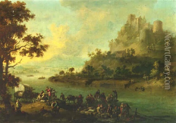 A River Landscape With Peasants Embarking On A Ferry, A Castle With A Hilltop Beyond Oil Painting - Franz de Paula Ferg