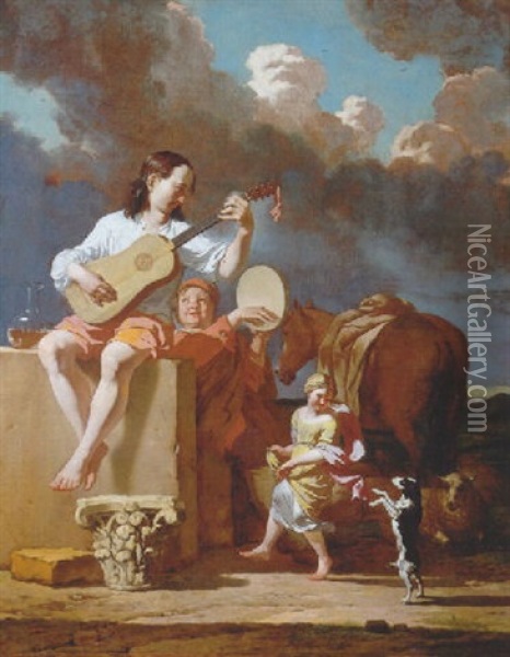 A Gypsy Playing The Guitar And A Boy Playing The Tambourine, While A Girl Dances With A Dog In An Italianate Landscape Oil Painting - Karel Dujardin