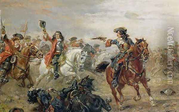 Oudenaarde A Cavalry Skirmish Oil Painting - Robert Alexander Hillingford