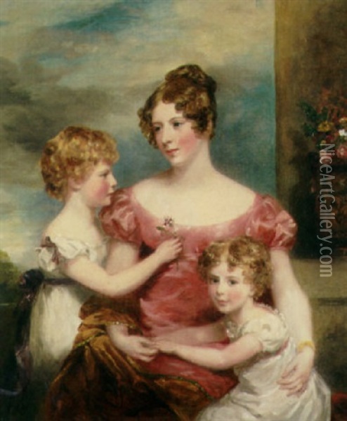 A Portrait Of A Lady In A Pink Satin Dress With Her Two Children Oil Painting - Margaret Sarah Carpenter