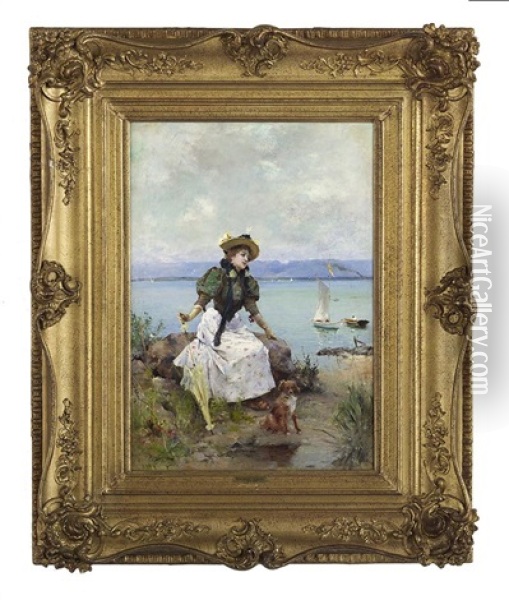 Jeune Femme Au Bord De La Mer Oil Painting - Emile Auguste Pinchart
