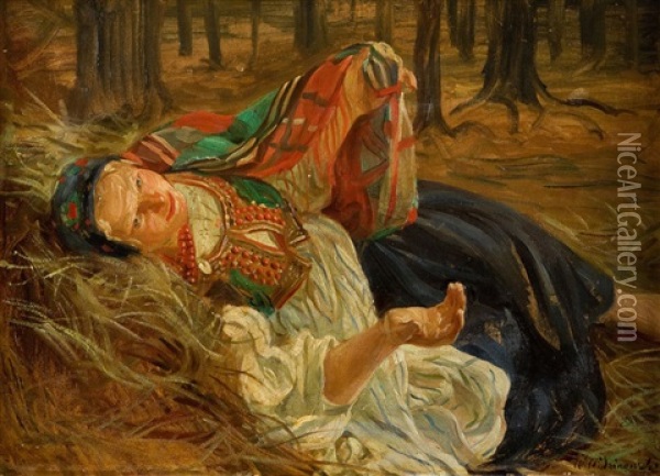 Odpoczynek Na Sianie Oil Painting - Wincenty Wodzinowski