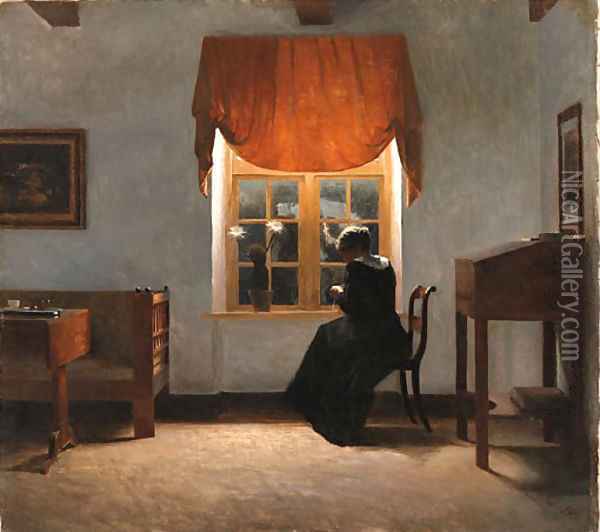 A woman knitting by a window Oil Painting - Peter Vilhelm Ilsted