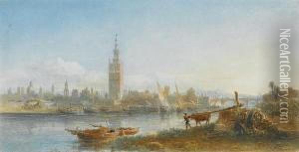 The Guadalquivir River, Seville, With The Giralda Tower In The Distance Oil Painting - Edward Alfred Angelo Goodall